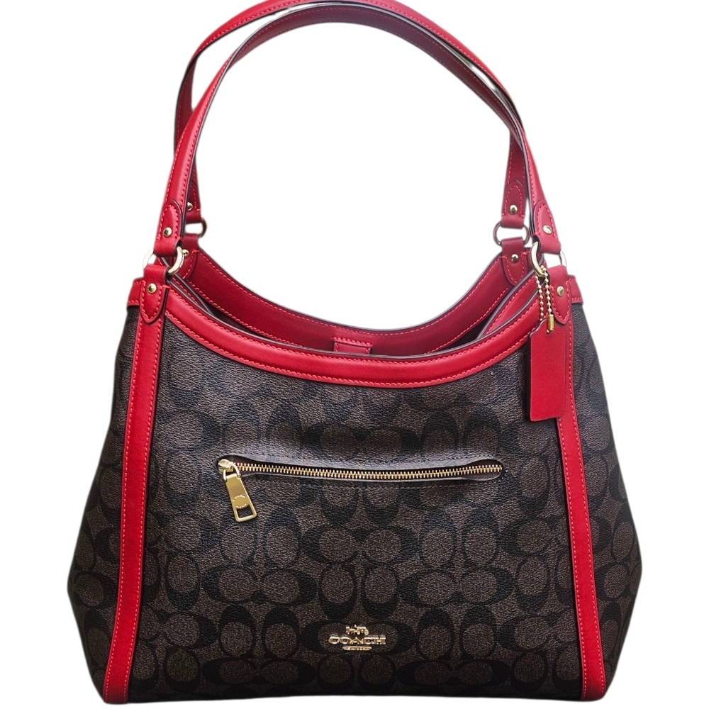 Coach Brown Signature Coated Canvas & Red Leather Trim Kristy Shoulder Bag - Picture 2 of 14